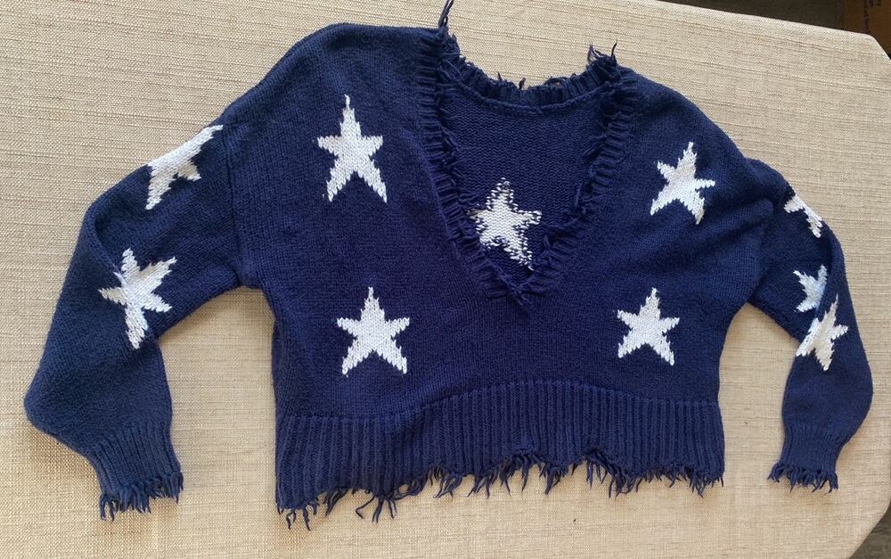 Wildfox Distressed Star Knit Sweater Navy Blue White Oversized Size S